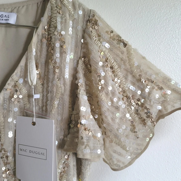 Mac Duggal, Sequined V-neck Flutter Sleeve Tea Length Dress,Oyster,Size 12, NWT - Picture 7 of 12